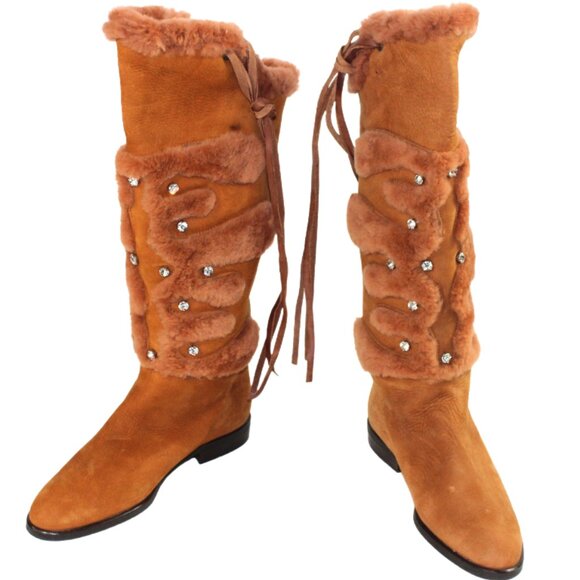 Russell & Bromley Rust Brown Leather Shearling Stud Accent Tall Boot, Size 36.5 - Picture 2 of 10